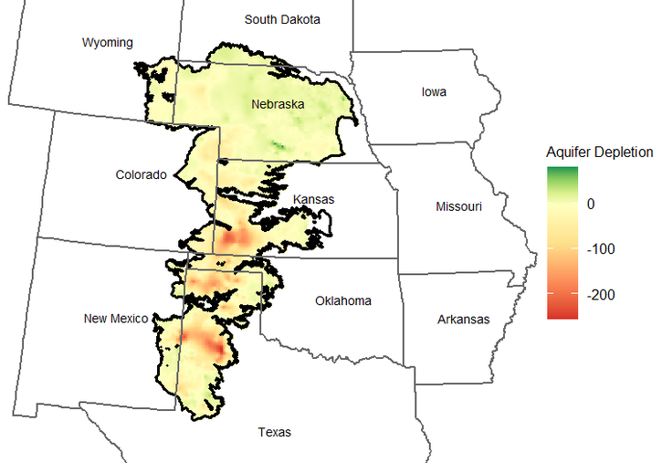 Map 1 illustrates how depletion of the High Plains Aquifer has varied across states from 1950 to 2019. Groundwater levels in Nebraska have declined by less than a foot, while levels in Kansas have declined by 27.3 feet.