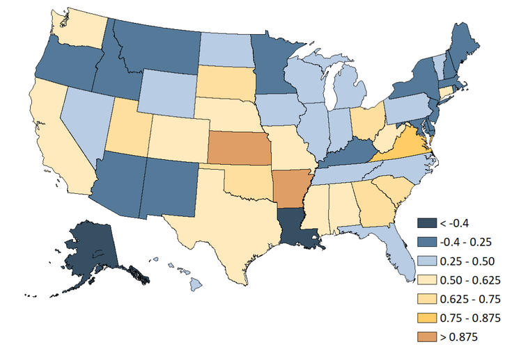 Map 1 shows that most Tenth District states had greater exposure to 2021 increases in freight costs for imported materials.