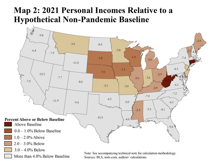Map 2: 2021 personal incomes relative to a hypothetical non-pandemic baseline is a map of the lower 48 states of the United States. Each state has a value showing projected total 2021 income as a percentage relative to the non-pandemic baseline. The accompanying technical note has additional details pertaining to the calculation methodology. The sources are the BLS, nolo.com, and the authors’ calculations.