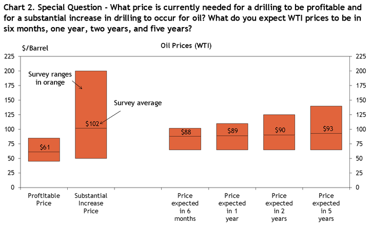 Firms were asked what oil and natural gas prices were needed on average for drilling to be profitable across the fields in which they are active. The average oil price needed was $61 per barrel, while the average natural gas price needed was $4.42 per million Btu.
