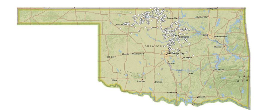 Map of Oklahoma Earthquakes, Greater than Magnitude 3.0, 2015