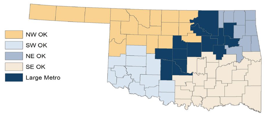 Map 1. Oklahoma Labor Force and Unemployment Rate by Region, July 2017