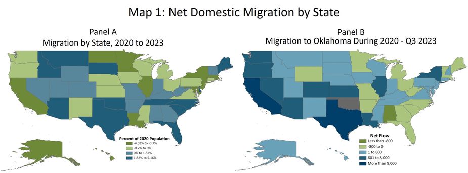 The lefthand map (Panel A) shows net domestic migration in the United States from 2020 to 2023 by state as a percent of their 2020 population. The righthand map (Panel B) shows net domestic migration to Oklahoma from each U.S. state during 2020 through Q3 2023.