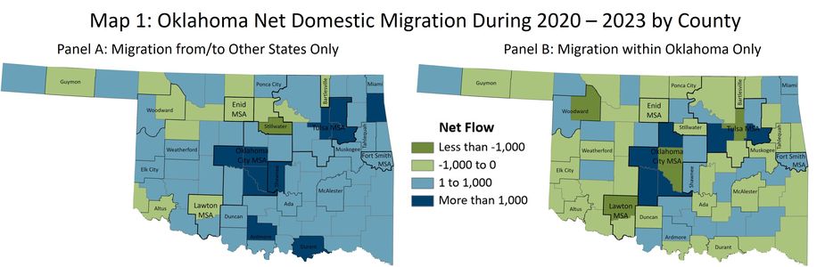 Map 1, Panel A shows net migration to each county in Oklahoma from other states only during 2020 through 2023. Map 1, Panel B shows net migration to each county in Oklahoma to or from other counties in Oklahoma only during 2020 through 2023.