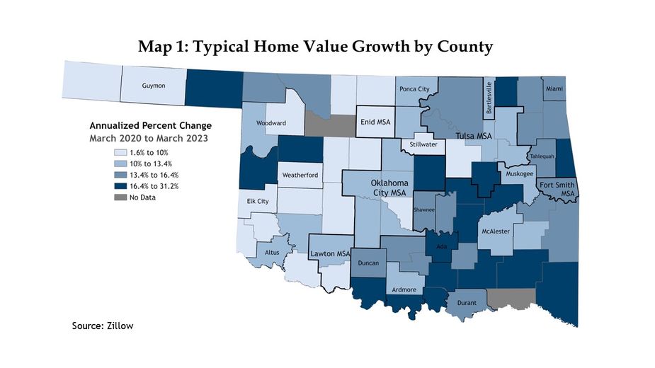 Map 1: A map of the typical home value annualized percent growth from March 2020 to March 2023 in Oklahoma by county. The counties are split into 4 quartiles by growth in typical home value. Two counties have no data available. The source is Zillow.