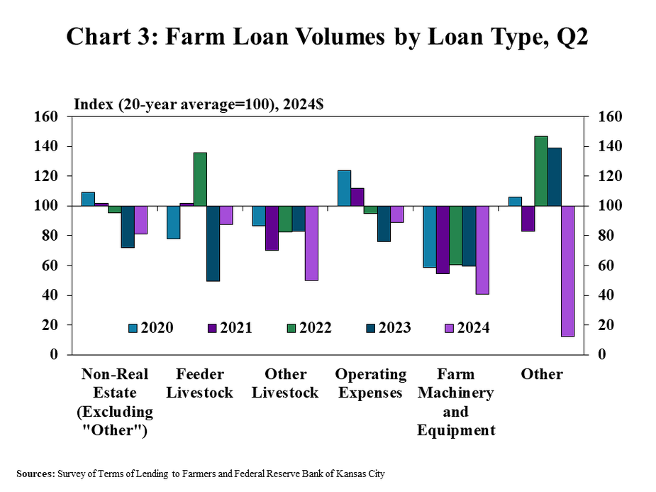 Chart 3: Despite the notable pace of growth, lending volumes for most major loan types also remained subdued on an inflation-adjusted basis. The volume of non-real estate loans was still 20% less than the average of the second quarter over the past two decades. Farm machinery lending was particularly subdued, dropping to a level 40% below the recent historic average.
