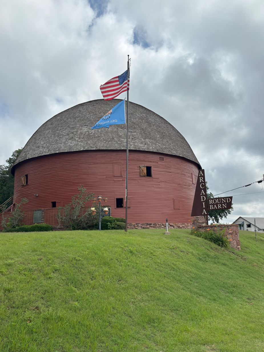 A round, red barn.
