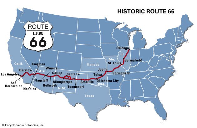 Route 66 map in blue shows the road running from Chicago to Santa Monica in California.