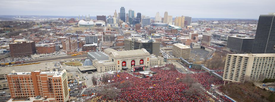 The view of the Super Bowl parade from the Bank.