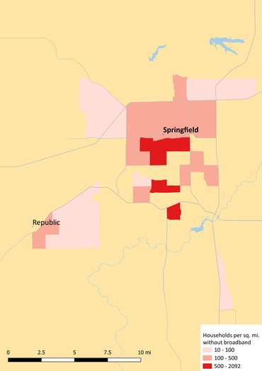 Map of areas in Springfield where people have not subscribed to broadband. Three areas in or near Springfield show that many people are unsubscribed. Larger areas in Springfield and Republic show that a moderate number of people don't subscribe.