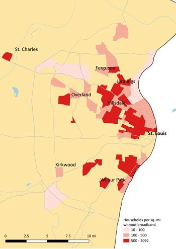 The map shows many census tracts in the City of St. Louis where people are not subscribed to the internet, but also in some outlying suburban areas, such as St. Charles and Kirkwood.