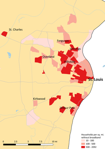 The map shows many census tracts in the City of St. Louis where people are not subscribed to the internet, but also in some outlying suburban areas, such as St. Charles and Kirkwood.