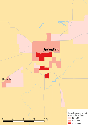 Map of areas in Springfield where people have not subscribed to broadband. Three areas in or near Springfield show that many people are unsubscribed. Larger areas in Springfield and Republic show that a moderate number of people don't subscribe.