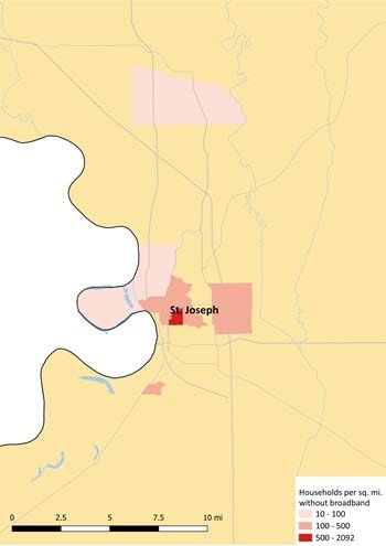 Map shows areas where many or some St. Joseph residents are not subscribed to broadband.