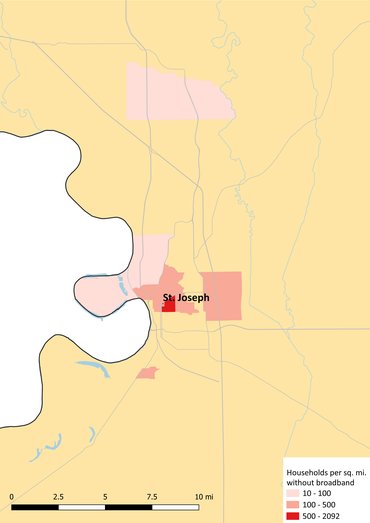 Map shows areas where many or some St. Joseph residents are not subscribed to broadband.