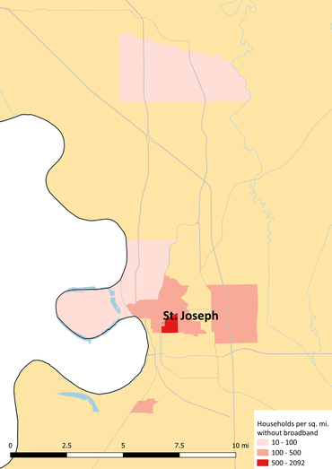 Map shows areas where many or some St. Joseph residents are not subscribed to broadband.