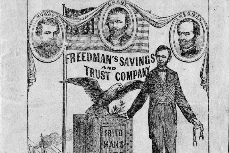 Image Description. Image of a Freedman's Savings and Trust Company deposit book, feature illustrations of Lincoln, Howard, Grant, and Sherman.