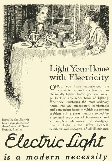 The image is an advertising from the 1920s that was designed to encourage Americans to adopt brand new technology - electricity! It says Electric Light is a modern necessity, and says that once you've experienced the convenience and comfort of an electrically lighted hom you will never go back to any other form of lighting.