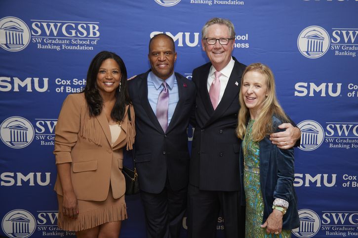 Jeff Schmid has served on the Board of Directors of Operation Hope, which promotes financial literacy and economic equity. Pictured (from left) at a June 2023 banquet hosted by Southwestern Graduate School of Banking in Dallas: Chaitra Bryant and her husband, Operation Hope founder and CEO John Hope Bryant, Jeff Schmid and his wife, Amy Schmid. Photo courtesy of Southwestern Graduate School of Banking at the SMU Cox School of Business