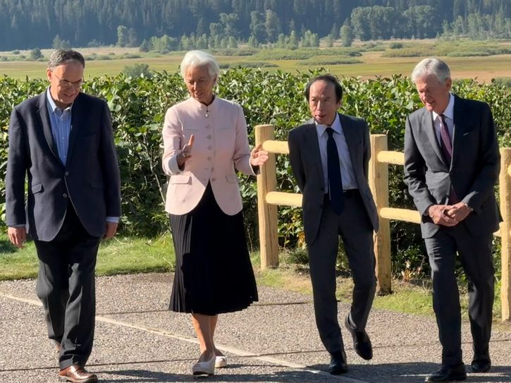 (From left) Bank of England Governor Andrew Bailey walks with President of the European Central Bank Christine Lagarde, Governor of the Bank of Japan Kazuo Ueda and Federal Reserve Chair Jerome Powell.