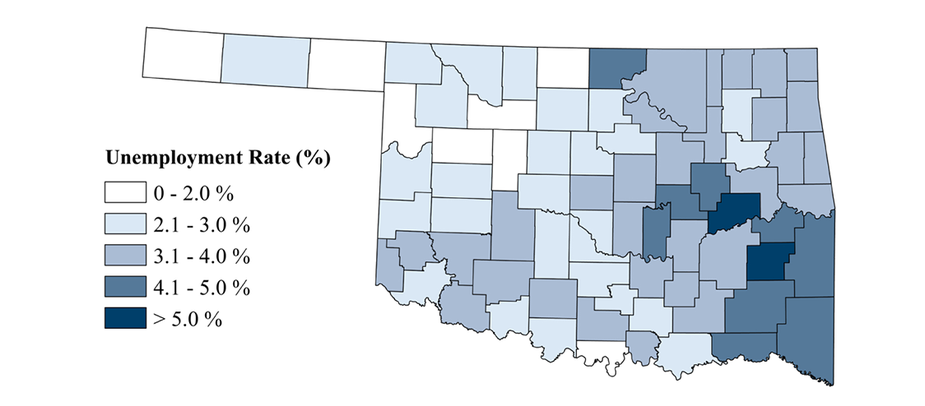 Map. Oklahoma County Unemployment Rates, Seasonally Adjusted