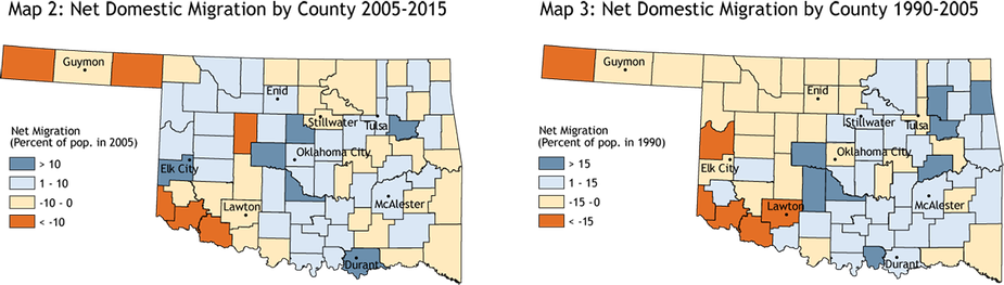 Map 2: Net Domestic Migration by County 2005-2015 and Map 3: Net Domestic Migration by County 1990-2005