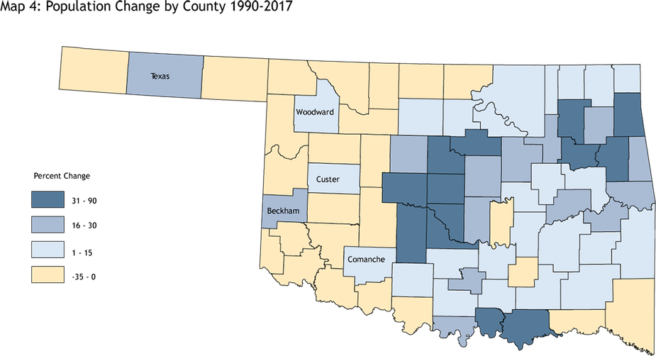 Map 4: Population Change by County 1990-2017