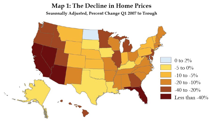 Map 1: The Decline in Home Prices Seasonally Adjusted, Percent Change Q1 2007 to Trough