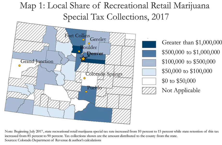 Map 1: Local Share of Recreational Retail Marijuana Special Tax Collections, 2017