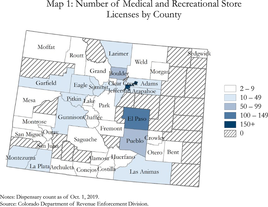 Map 1: Number of Medical and Recreational Store Licenses by County